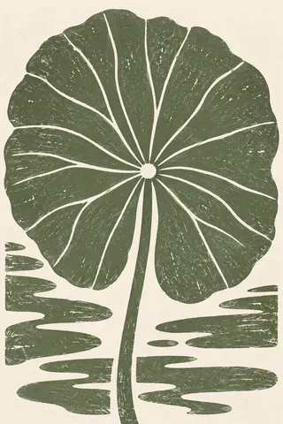 A lotus leaf from above in olive, white, sage, stone; portrait artwork.