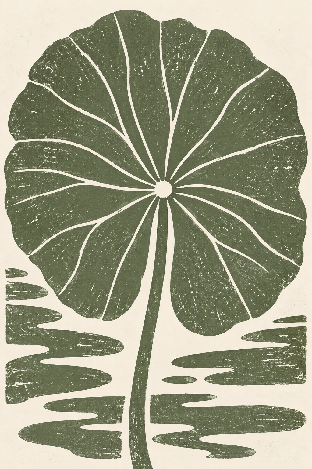 A lotus leaf from above in olive, white, sage, stone; portrait artwork.