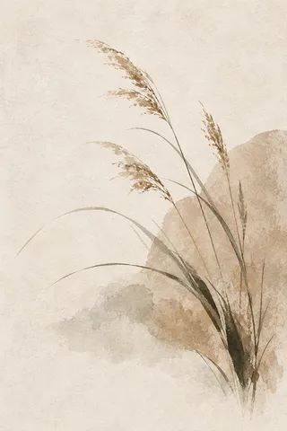 A cluster of dried grasses in a loose bunch in cream, stone, sand; portrait artwork.