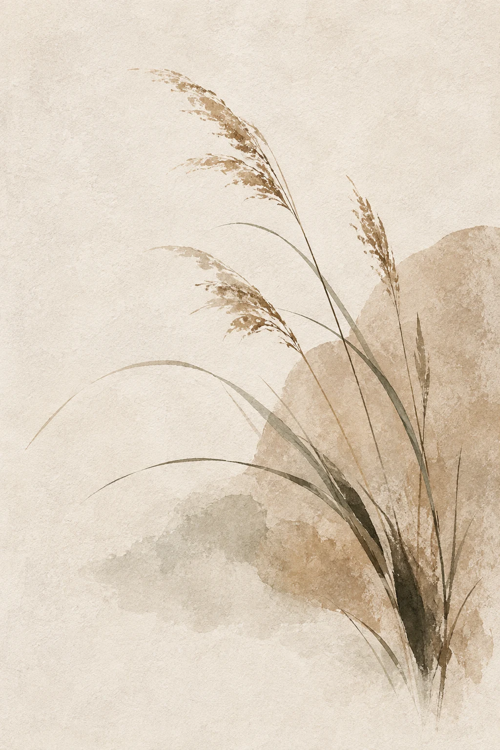 A cluster of dried grasses in a loose bunch in cream, stone, sand; portrait artwork.