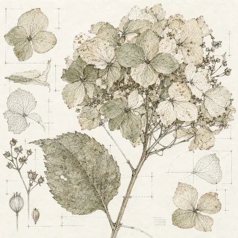 A pressed hydrangea head in white, cream, sand, stone; square artwork.