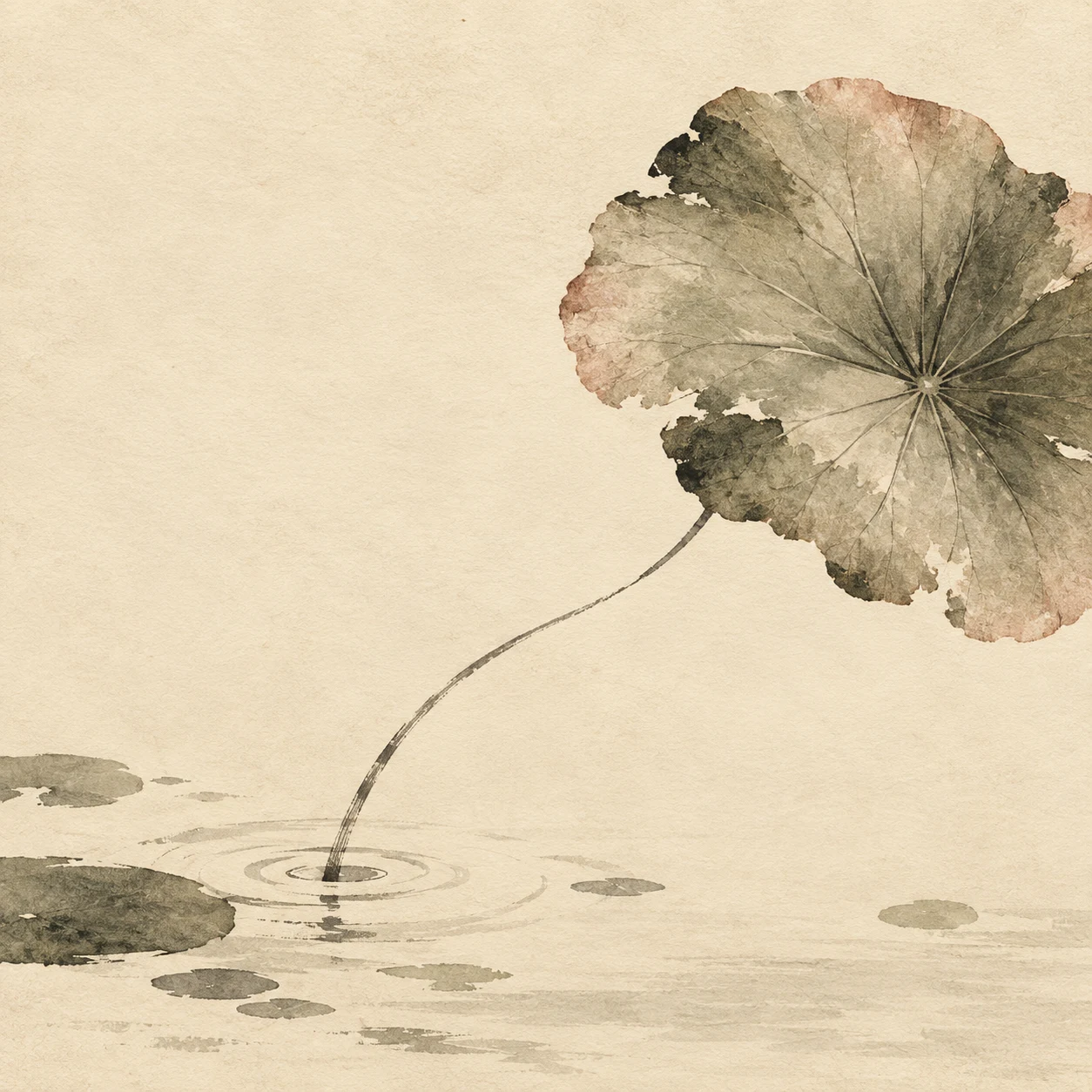 A lotus leaf from above in cream, sand, taupe; square artwork.