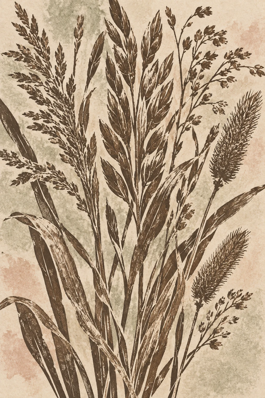 A cluster of dried grasses in a loose bunch in stone, taupe, gray, cream; portrait artwork.