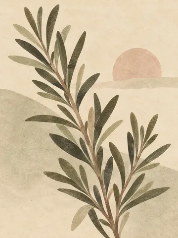 A sprig of rosemary in cream, stone, olive, sage; portrait artwork.