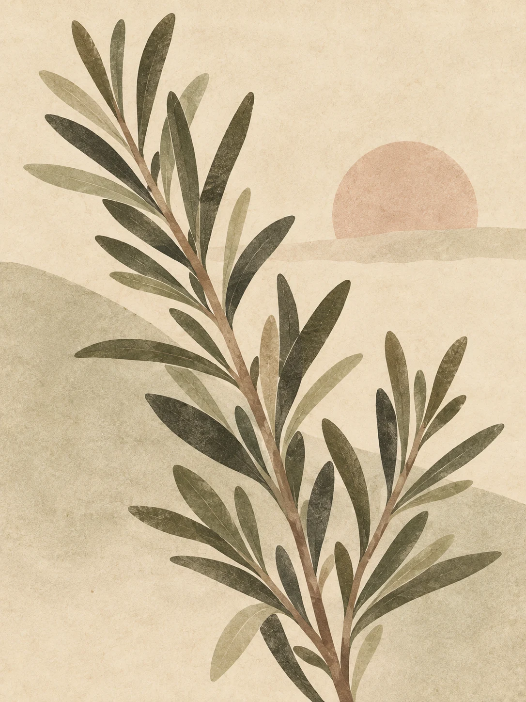 A sprig of rosemary in cream, stone, olive, sage; portrait artwork.