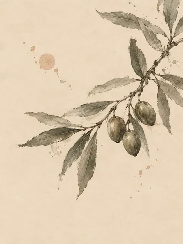An olive branch with three olives in cream, taupe, stone; portrait artwork.