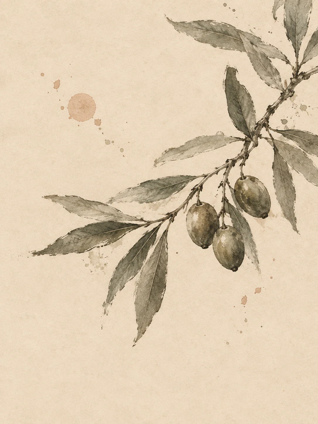 An olive branch with three olives in cream, taupe, stone; portrait artwork.