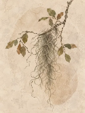 A strand of Spanish moss on a short branch in cream, stone, sand, taupe; portrait artwork.