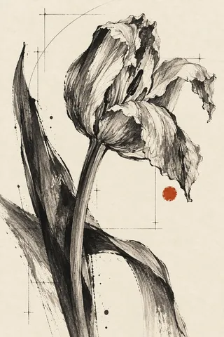 A single tulip past its best in cream, taupe, sand, charcoal; portrait artwork.