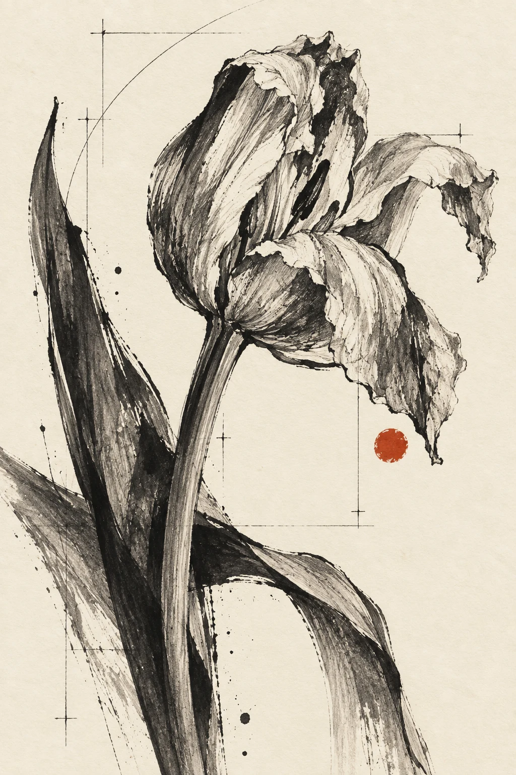 A single tulip past its best in cream, taupe, sand, charcoal; portrait artwork.