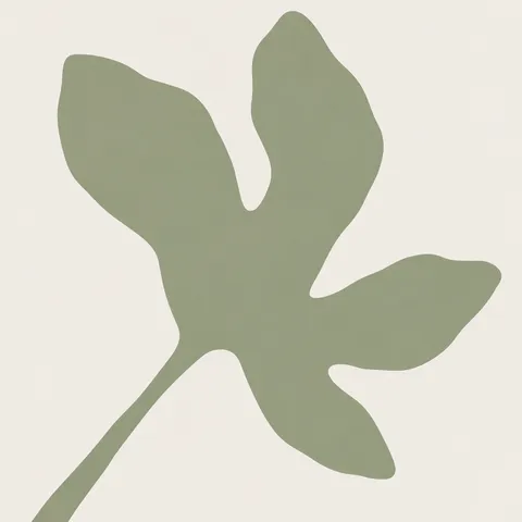 A fig leaf in white, sage; square artwork.