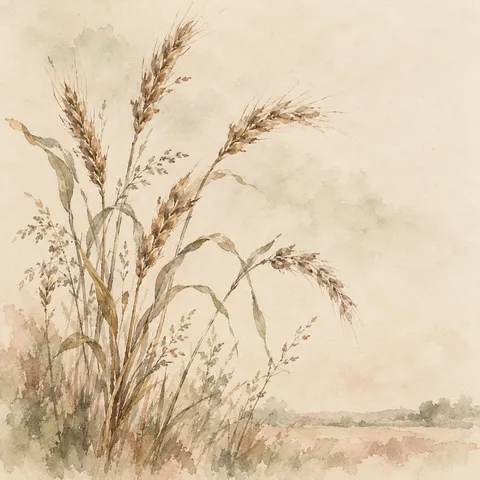 A bunch of wheat stalks in cream, stone, sage; square artwork.
