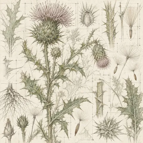 A wild thistle in cream, white, sand, stone; square artwork.
