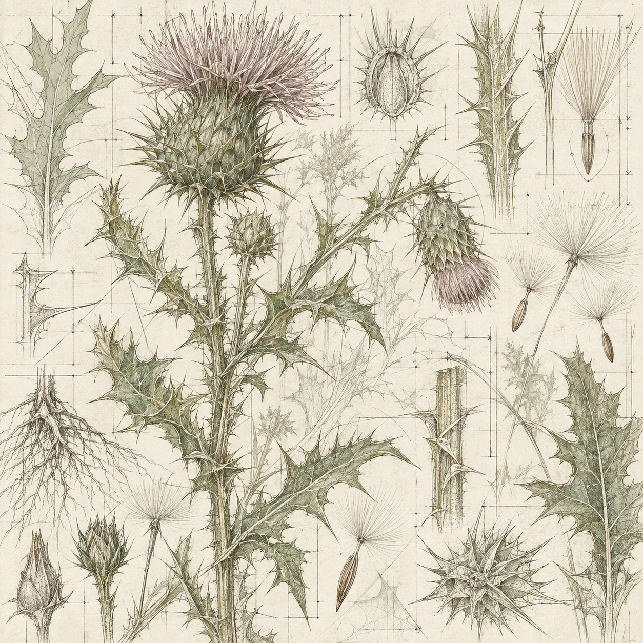 A wild thistle in cream, white, sand, stone; square artwork.