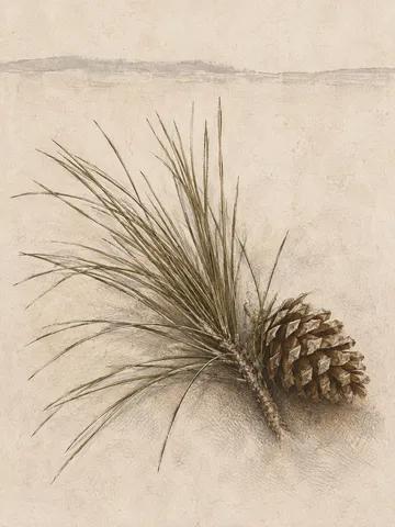 A longleaf pine bundle with one cone in cream, stone, sand, olive; portrait artwork.