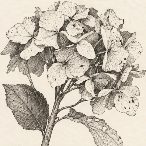 A pressed hydrangea head in white, cream, gray, stone; square artwork.