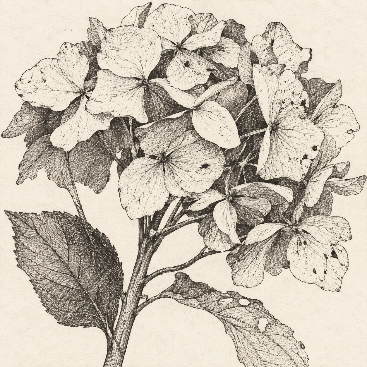 A pressed hydrangea head in white, cream, gray, stone; square artwork.