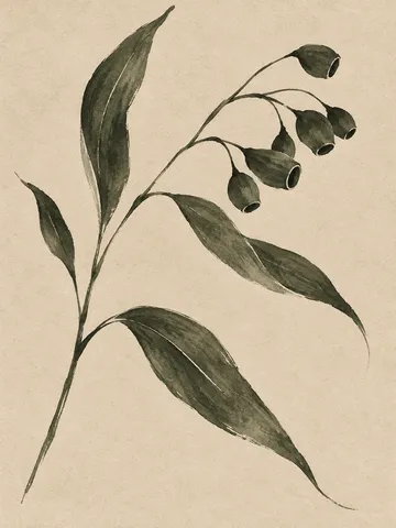 A eucalyptus sprig in cream, brown, sage; portrait artwork.