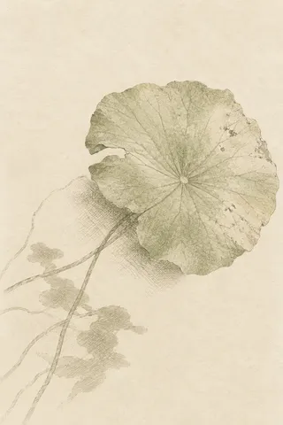 A lotus leaf from above in cream, stone, sand; portrait artwork.