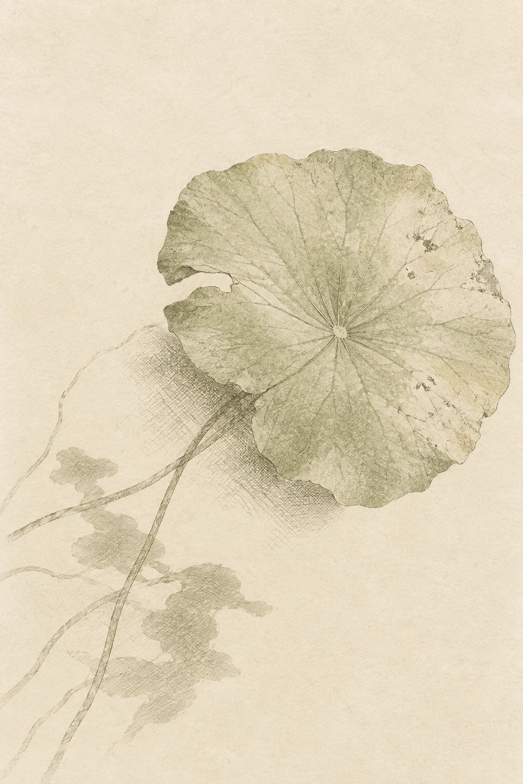A lotus leaf from above in cream, stone, sand; portrait artwork.