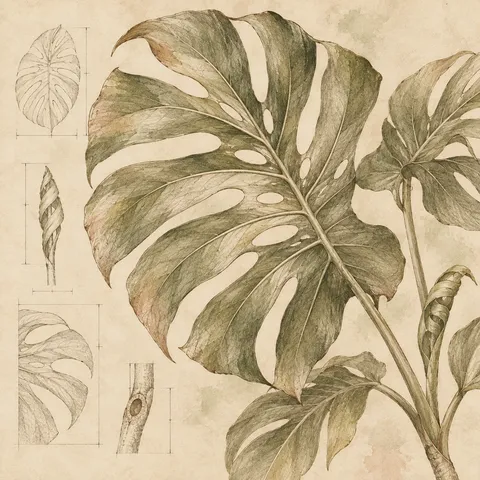 A monstera leaf silhouette in cream, sand, sage, stone; square artwork.