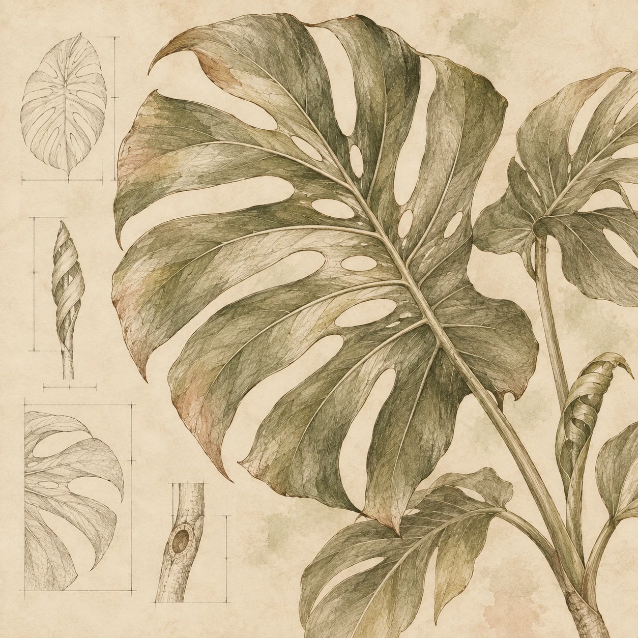 A monstera leaf silhouette in cream, sand, sage, stone; square artwork.