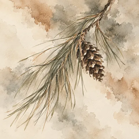 A longleaf pine bundle with one cone in cream, sand, stone, taupe; square artwork.