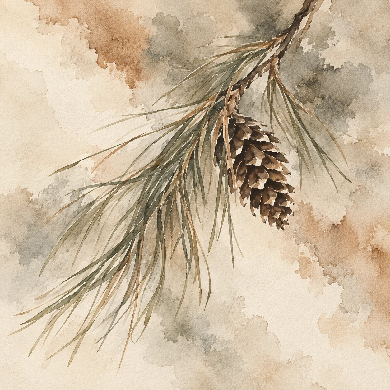 A longleaf pine bundle with one cone in cream, sand, stone, taupe; square artwork.