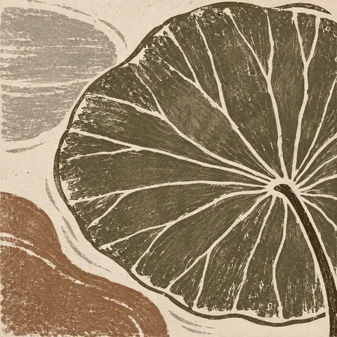 A lotus leaf from above in olive, taupe, cream, gray; square artwork.