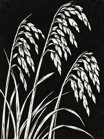 Three stems of sea oats with heavy seed heads in black, gray, cream, charcoal; portrait artwork.