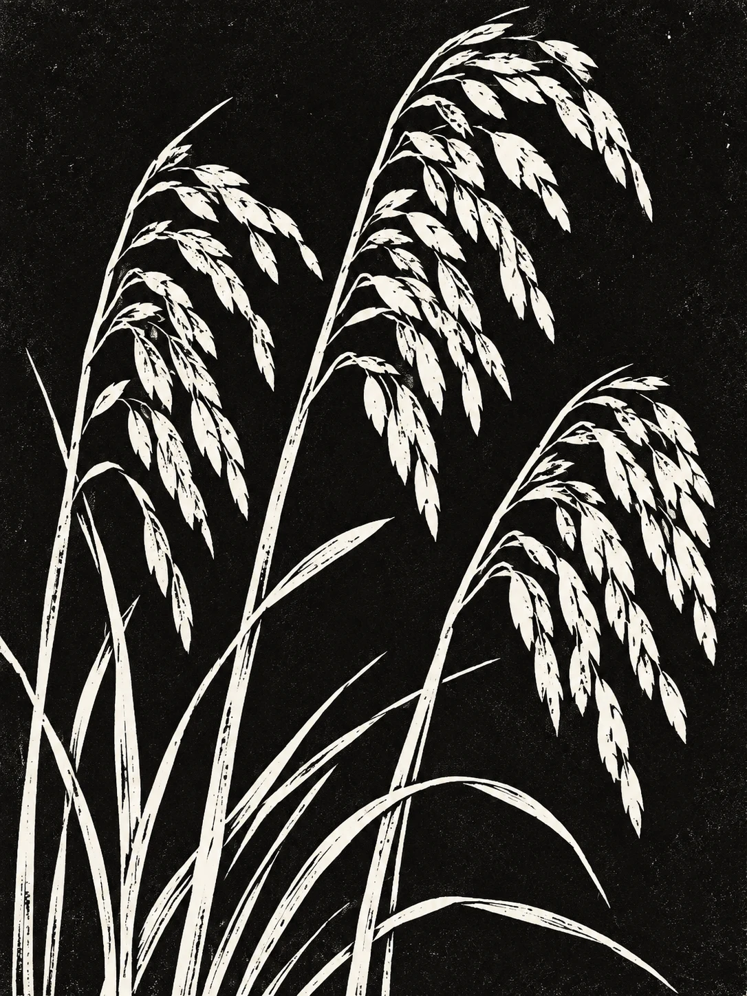 Three stems of sea oats with heavy seed heads in black, gray, cream, charcoal; portrait artwork.