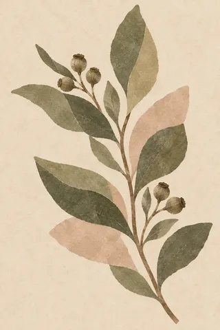 A eucalyptus sprig in cream, olive, sand, sage; portrait artwork.