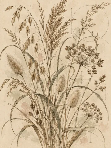 A cluster of dried grasses in a loose bunch in cream, sand, stone, taupe; portrait artwork.