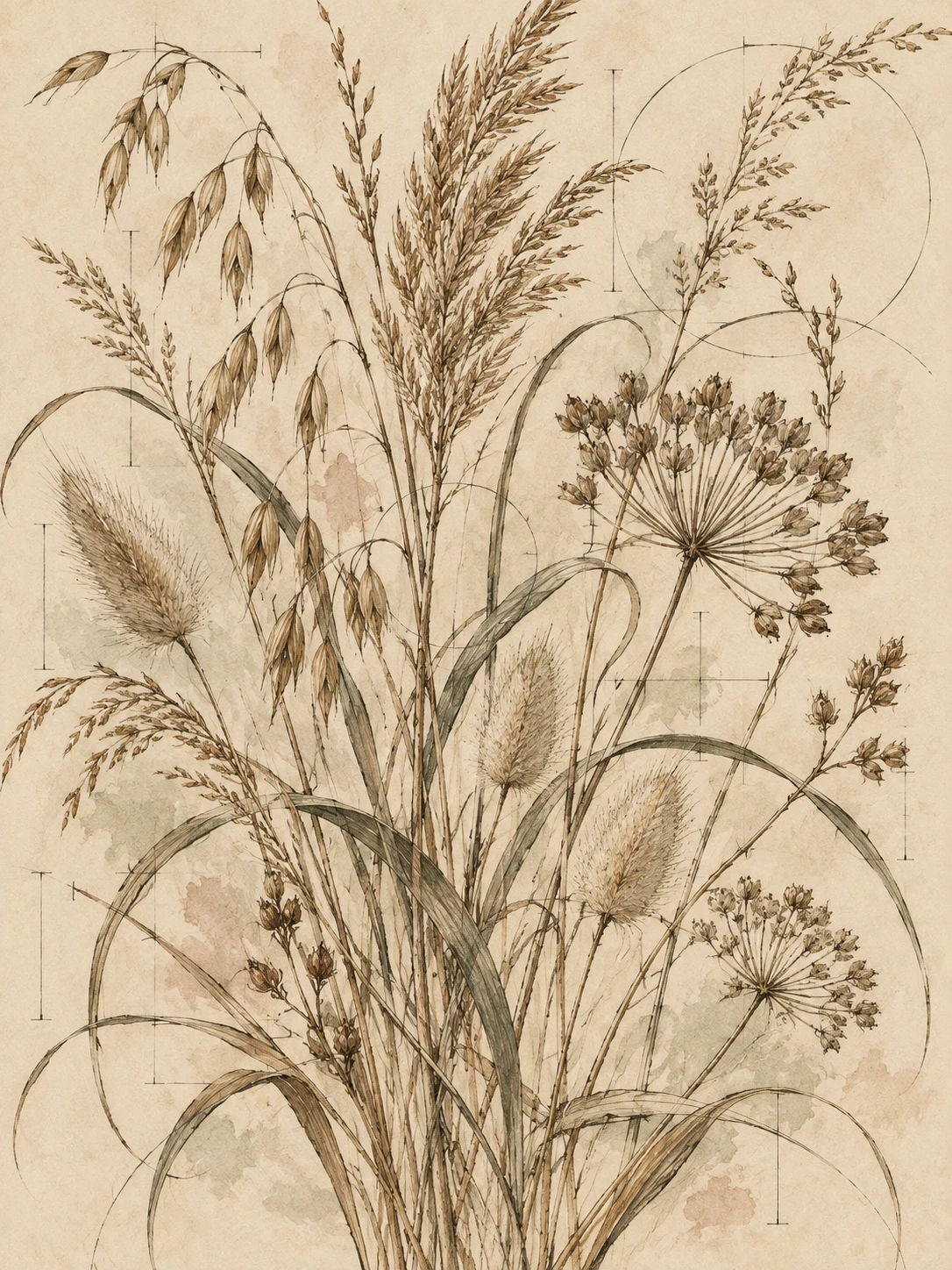 A cluster of dried grasses in a loose bunch in cream, sand, stone, taupe; portrait artwork.