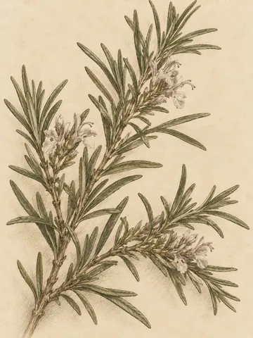 A sprig of rosemary in cream, taupe, olive, stone; portrait artwork.