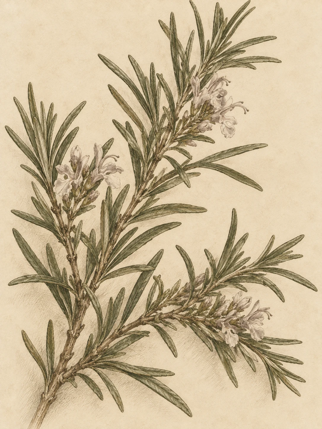 A sprig of rosemary in cream, taupe, olive, stone; portrait artwork.