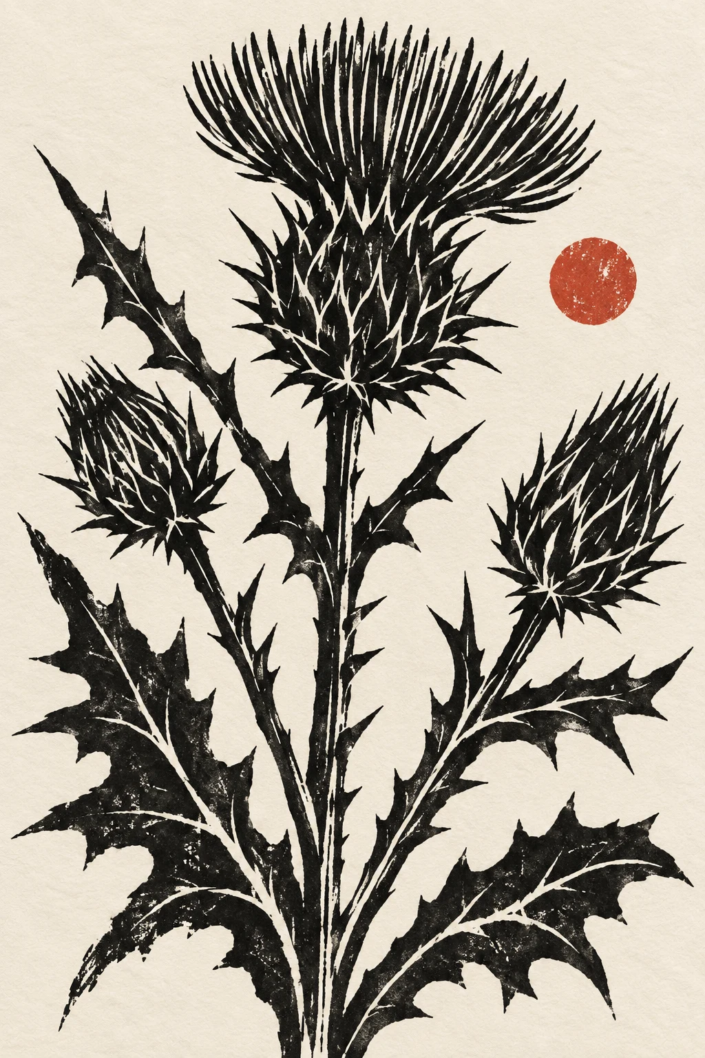A wild thistle in cream, charcoal, black, gray; portrait artwork.