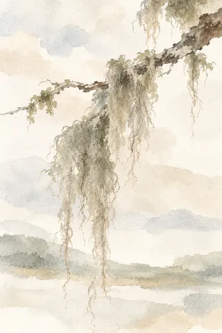 A strand of Spanish moss on a short branch in white, cream, stone, sand; portrait artwork.