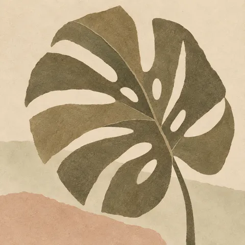 A monstera leaf silhouette in cream, olive, taupe, stone; square artwork.