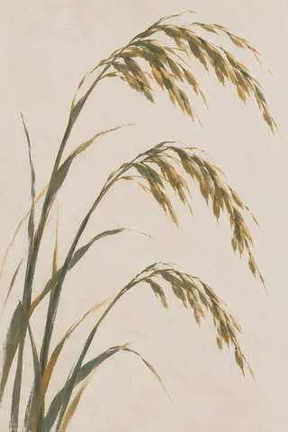Three stems of sea oats with heavy seed heads in cream, sage, stone; portrait artwork.