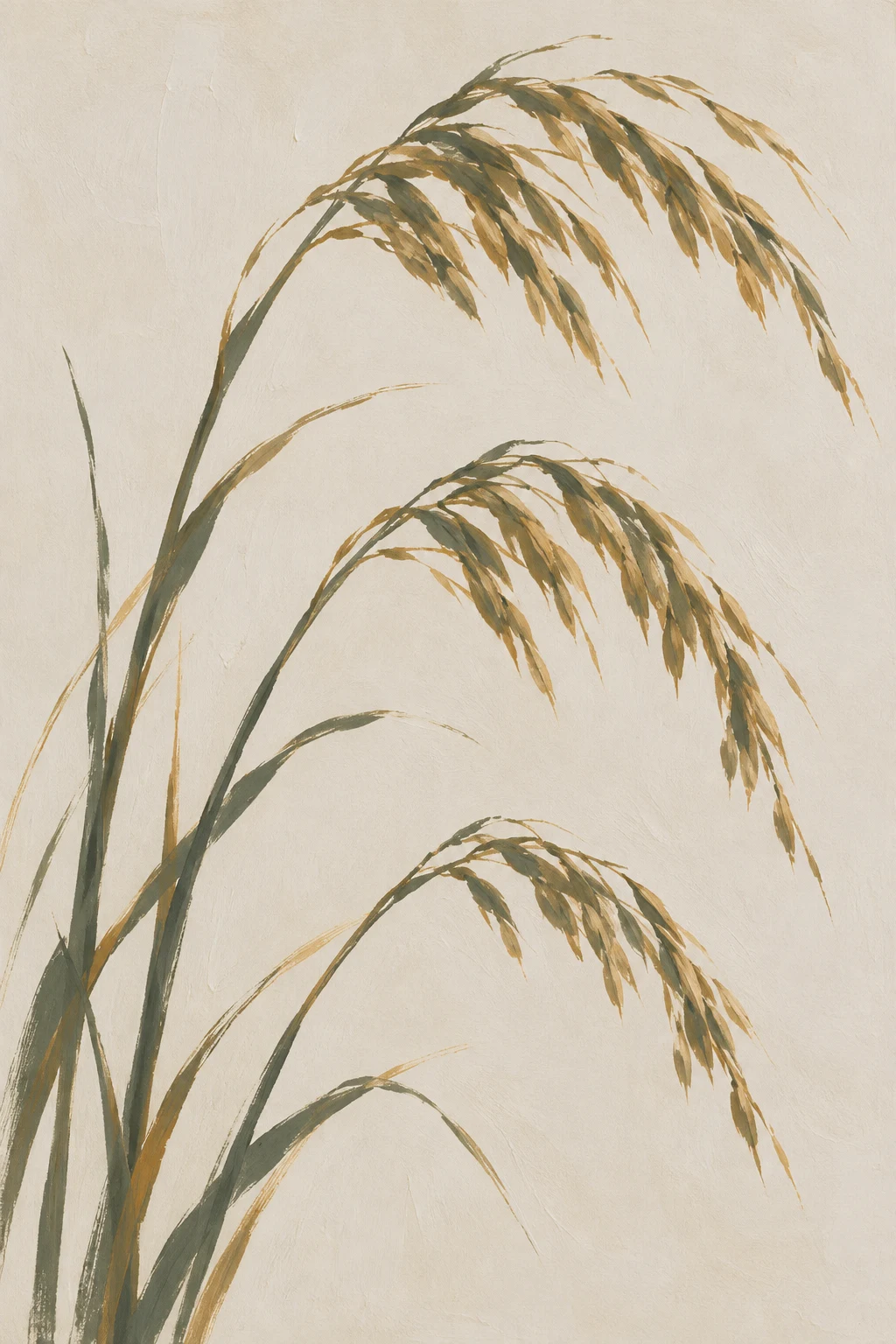 Three stems of sea oats with heavy seed heads in cream, sage, stone; portrait artwork.