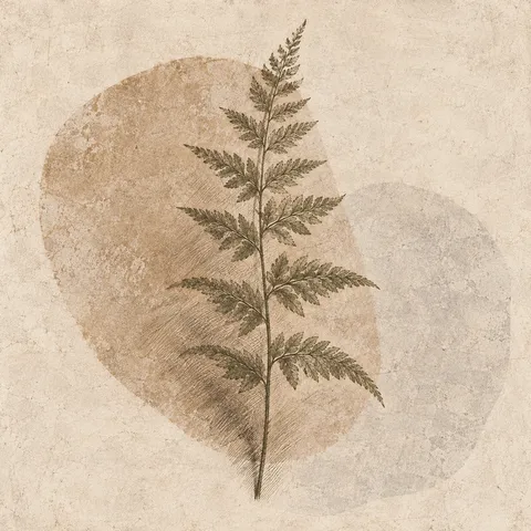 A single fern frond in cream, stone, sand, taupe; square artwork.