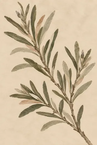 A sprig of rosemary in cream, sage, taupe, stone; portrait artwork.