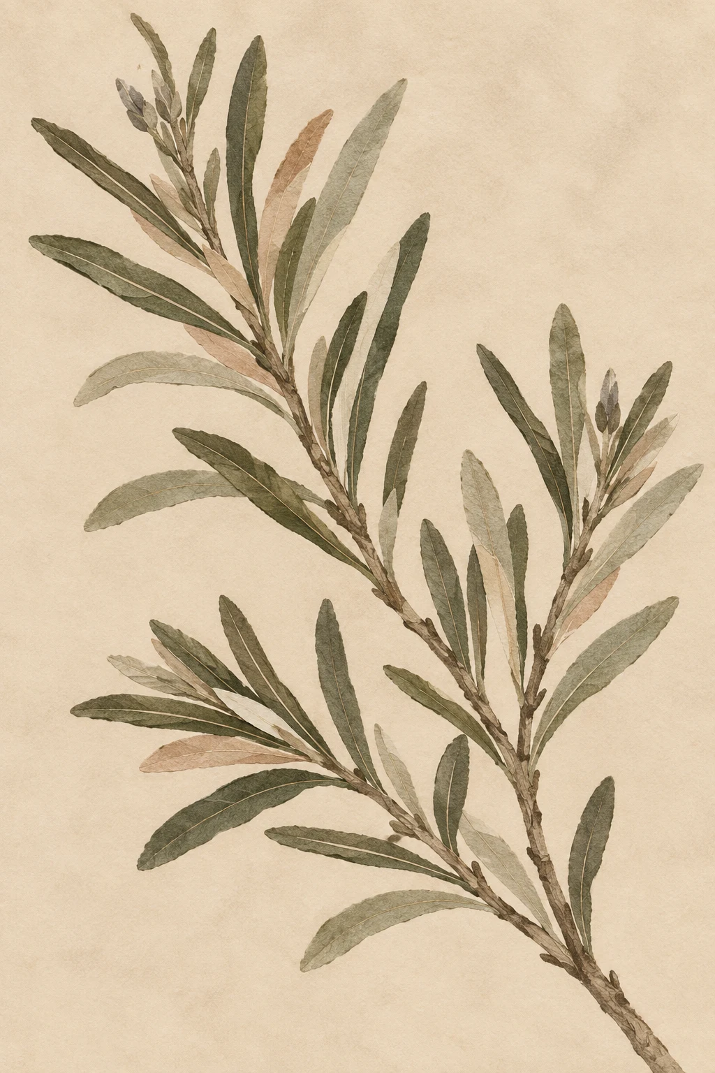 A sprig of rosemary in cream, sage, taupe, stone; portrait artwork.