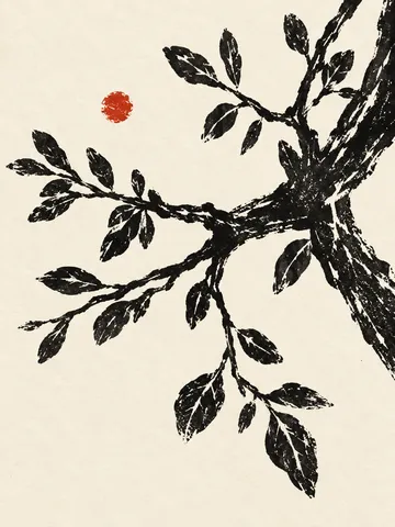 A single live oak branch with small leaves in white, black, charcoal, stone; portrait artwork.
