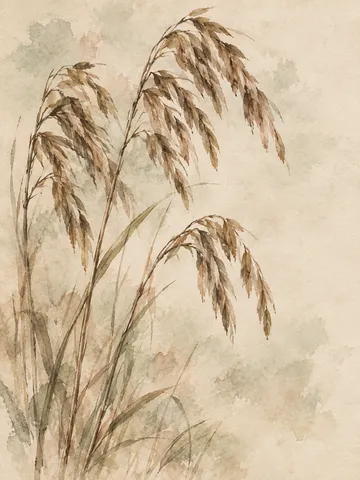Three stems of sea oats with heavy seed heads in cream, stone, sand, taupe; portrait artwork.