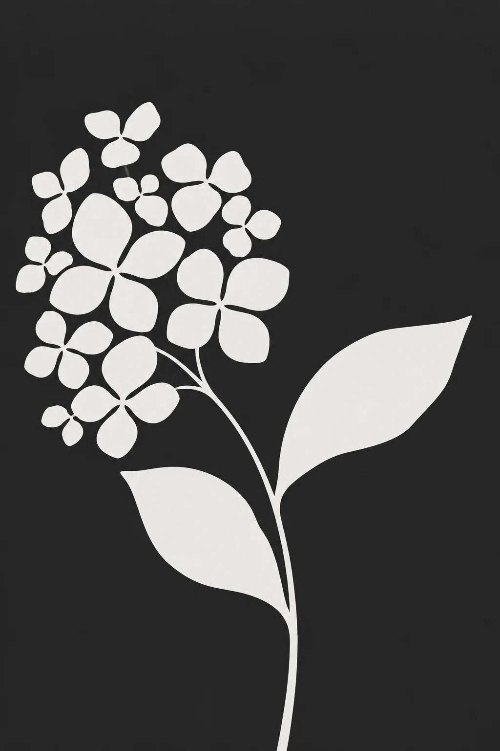 A pressed hydrangea head in black, cream, charcoal; portrait artwork.