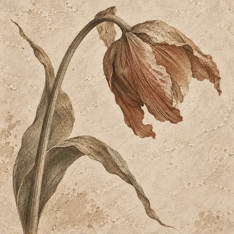 A single tulip past its best in stone, cream, taupe, olive; square artwork.
