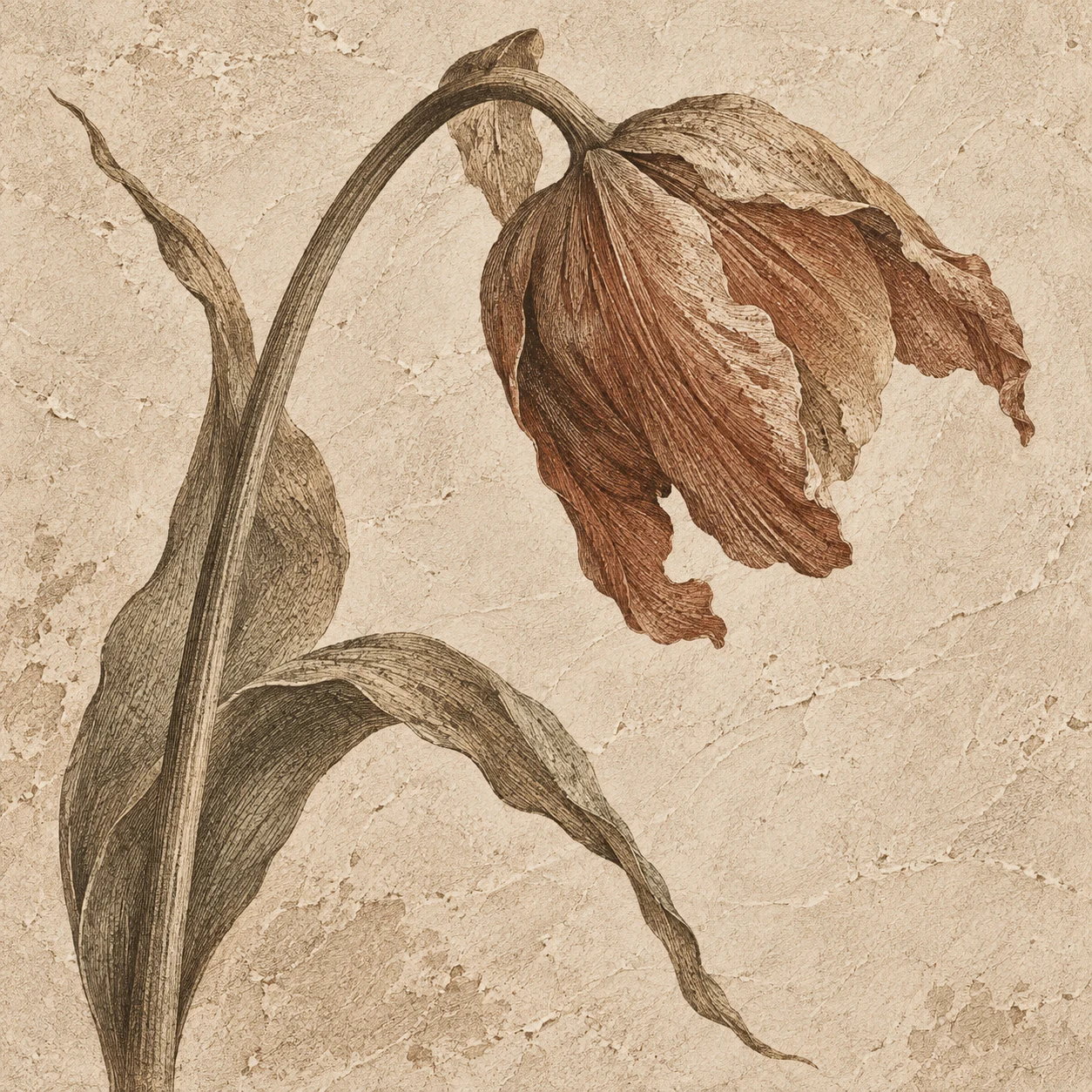 A single tulip past its best in stone, cream, taupe, olive; square artwork.