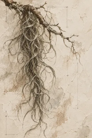 A strand of Spanish moss on a short branch in cream, stone, sand, sage; portrait artwork.